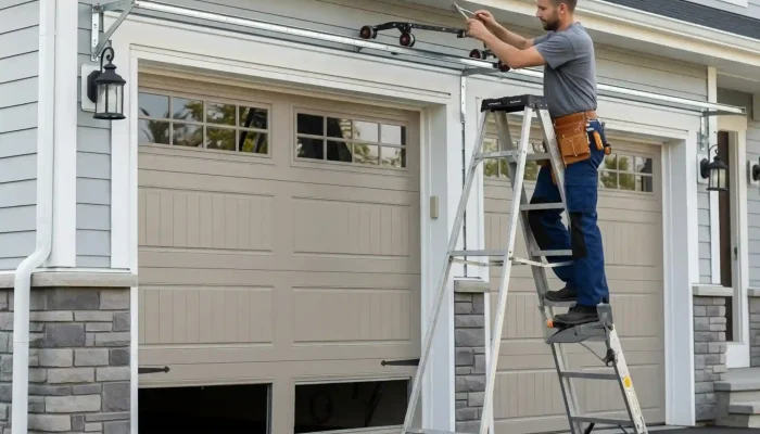 Technician repairing a residential garage door from a ladder, with tools below, in front of a damaged garage door.